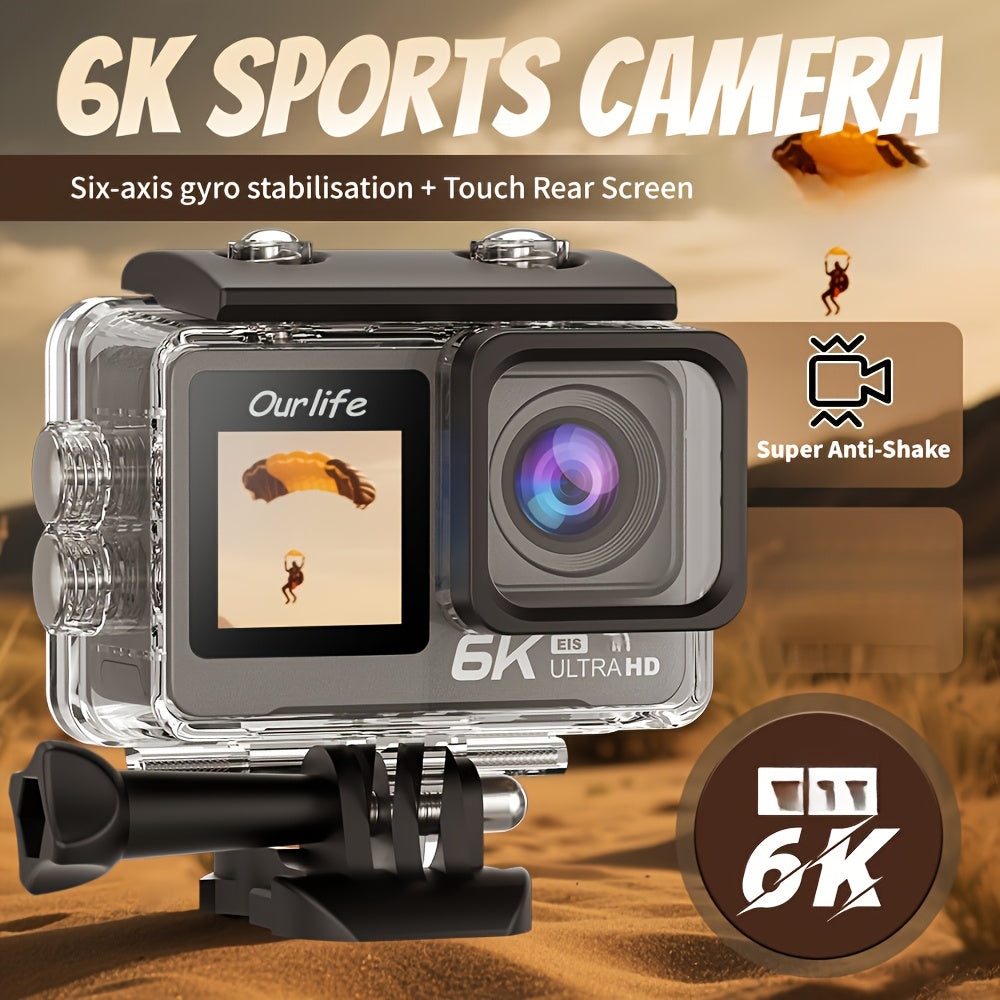 6K Action Camera OURLIFE 6K Sports Action Camera | Dual Touch Screens, 6-Axis Gyro Stabilization, 170° Wide Angle, Removable Control, 32GB Card & Accessories - Perfect for Travel, Vlogging, Recording - Ideal Christmas\u002FBirthday Gift (Black)