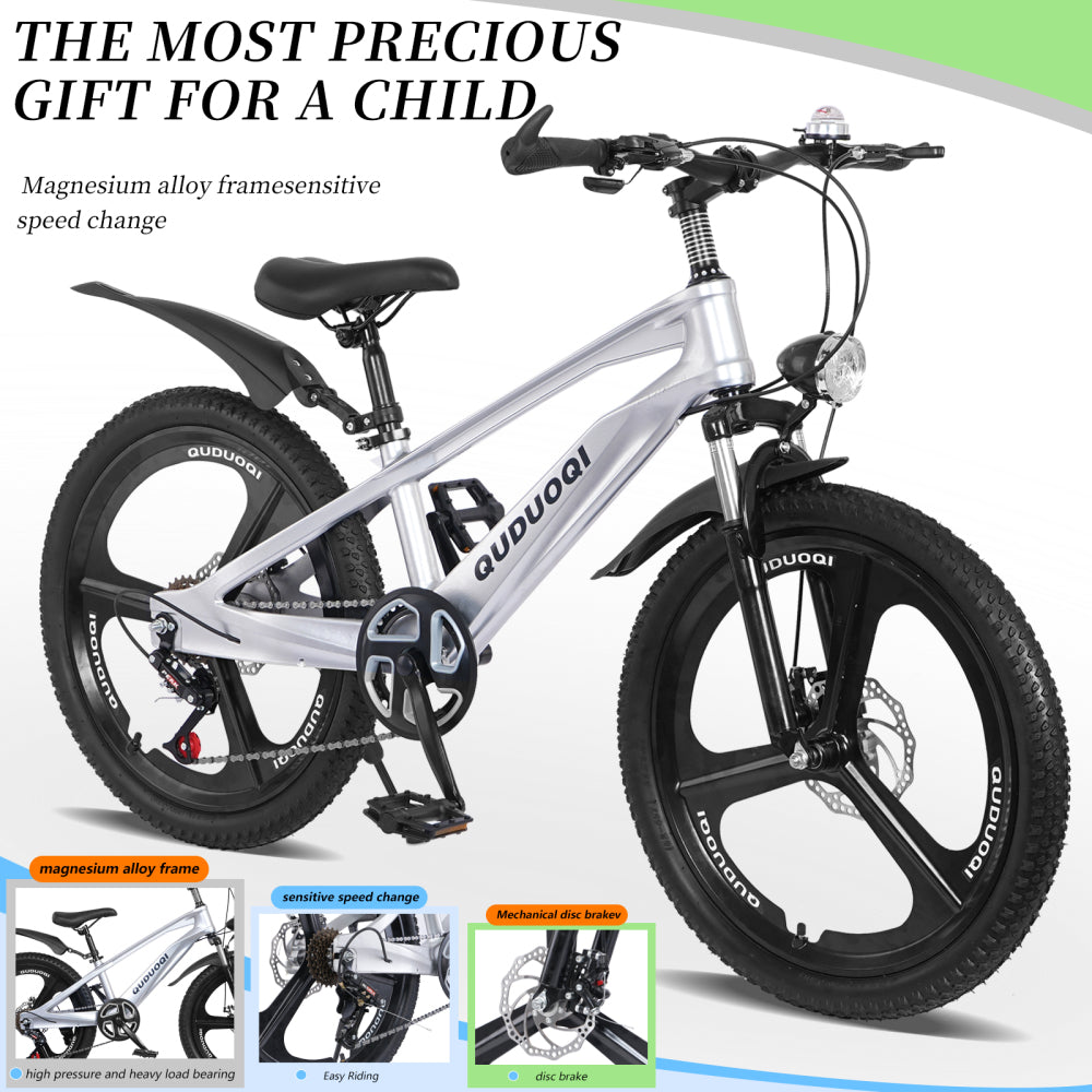 FKZNPJ 20-Inch Mountain Bicycle, 7-Speed Youth Bike Featuring a Magnesium Alloy Frame And One-Piece Wheels, Lightweight Bicycle for Boys And Girls