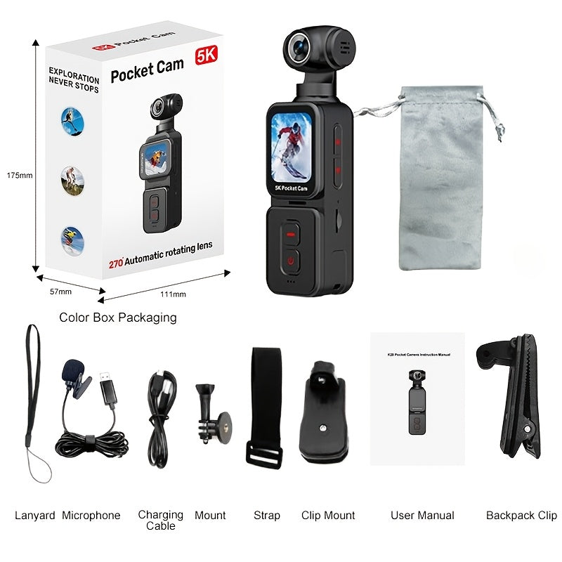 5K Ultra HD Handheld Sports Camera | 270° Flexible Tracking, Wide-Angle Lens, 1.69-Inch IPS Screen, Vertical And Horizontal Rotation, 100 Minutes of Battery Life, Includes 32G Memory Card | Ideal for Vlogging, Creative Shots, And Daily Recording